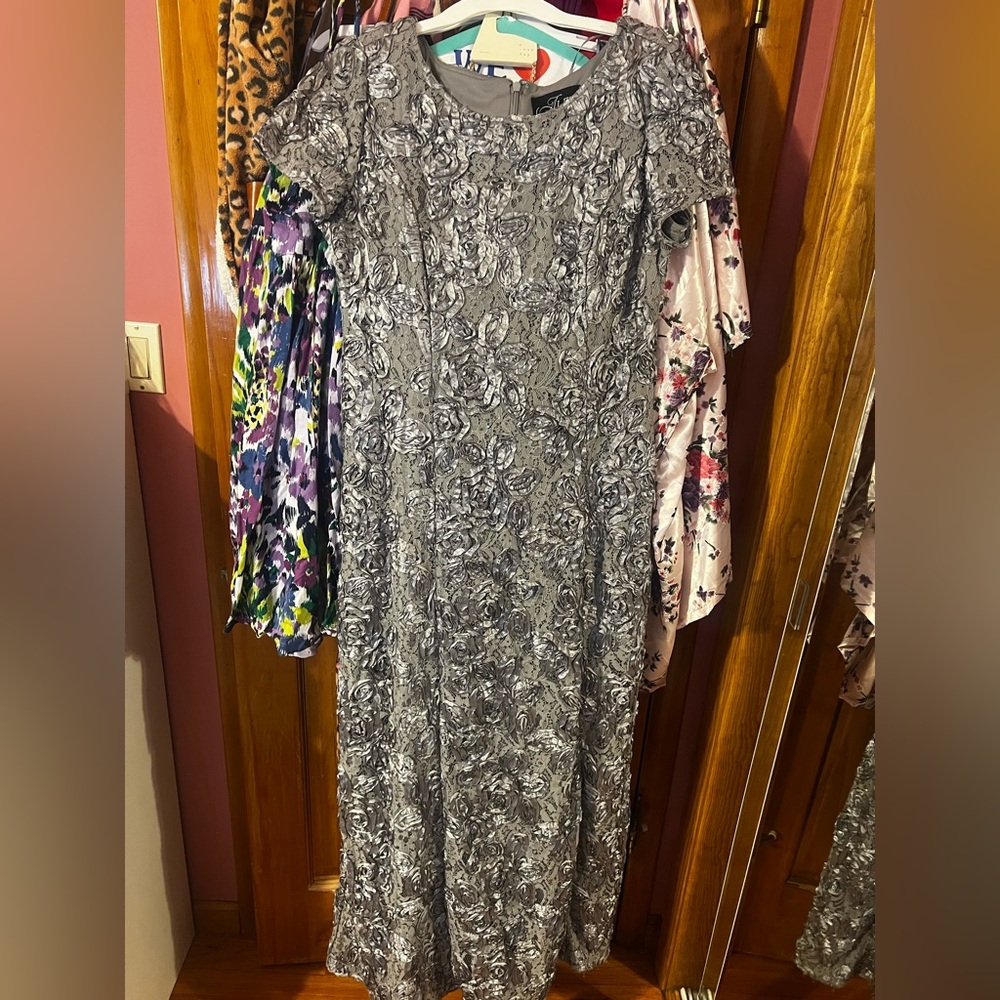 Alex Evenings Charcoal Lace Long Sleeve Dress